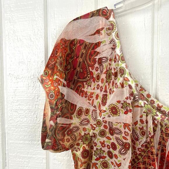 Fang Women Y2K Short Sleeve Sheer Peasant Top Boho Colorful Orange Red Large - Picture 2 of 8